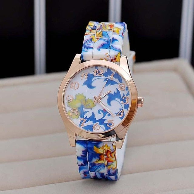Hot relogio feminino erkek kol saati  reloj mujer wrist watch  women Flower Printed Silicone  Quartz Watch  Essential